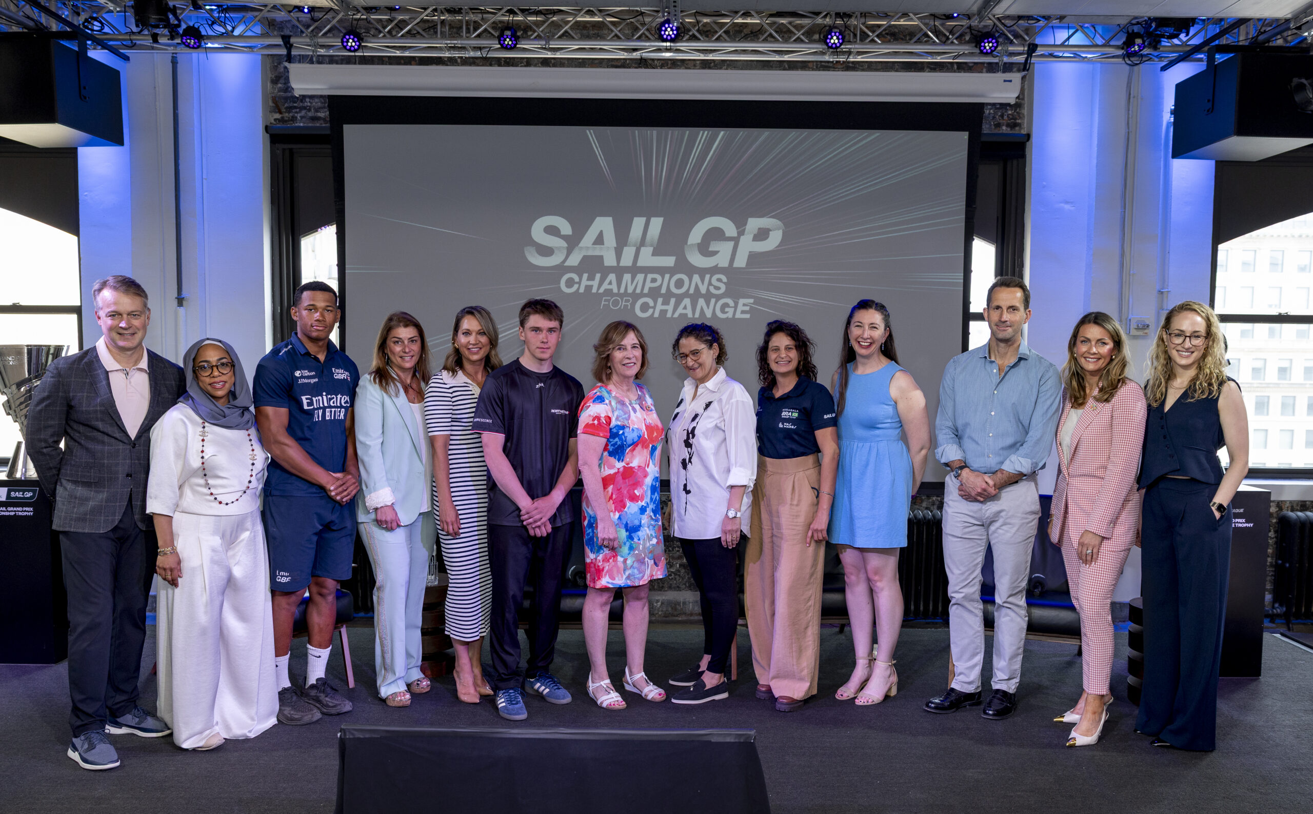The Champions For Change panelists stand together for a group photo at the Champions For Change event held at NeueHouse Madison Square ahead of the Mubadala New York Sail Grand Prix in New York, USA. Friday 6 June 2025. Rolex SailGP Championship Event 6 Season 2025. Photo: Katelyn Mulcahy for SailGP. Handout image supplied by SailGP
