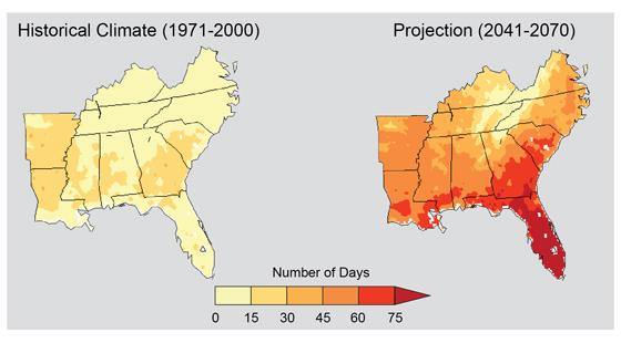 Projected change in number of days of 95 degrees Fahrenheit