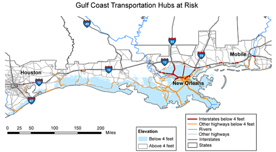 Gulf coast transportation hubs at risk