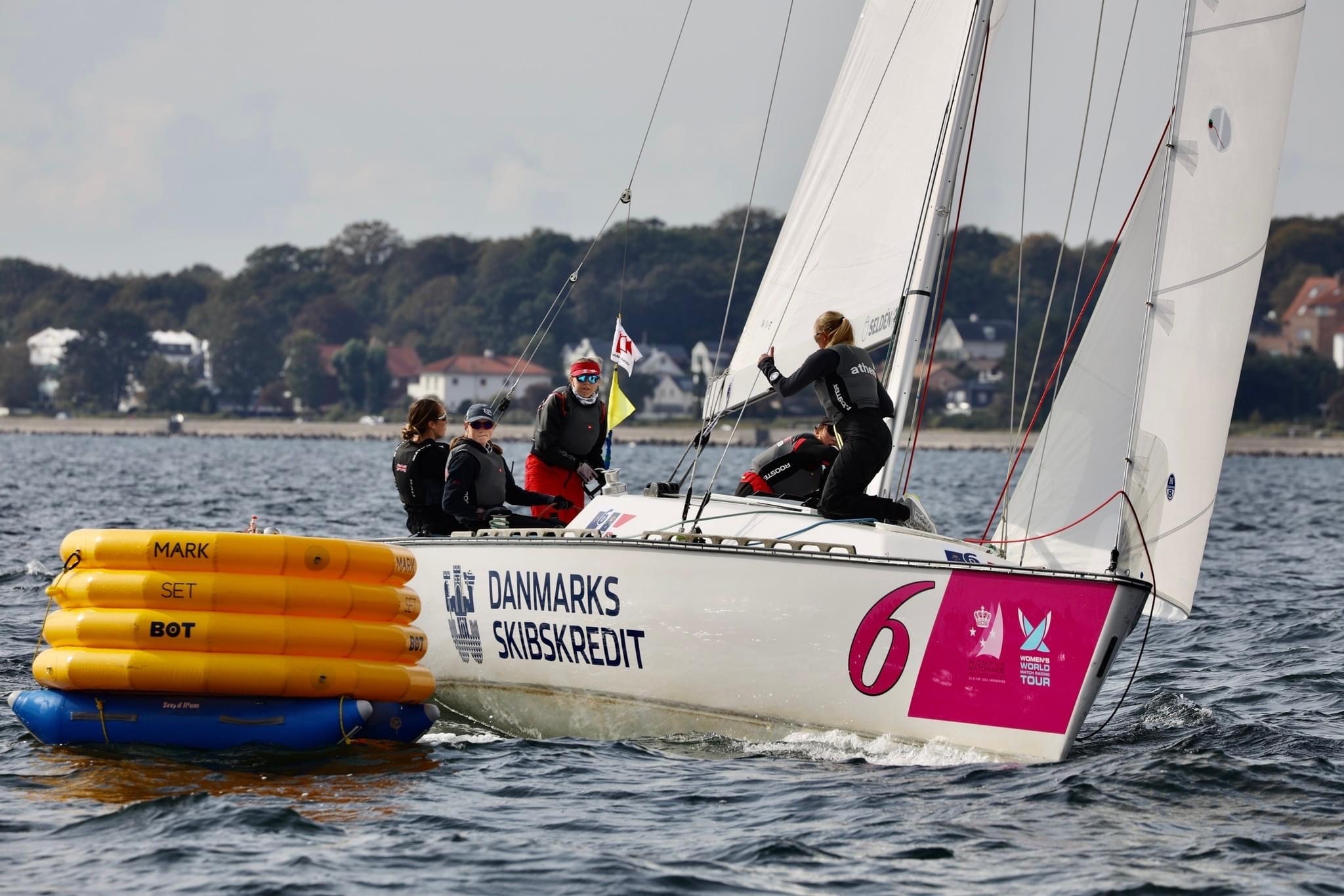 A sailboat rounds a mark in the Women's World Match Racing Tour