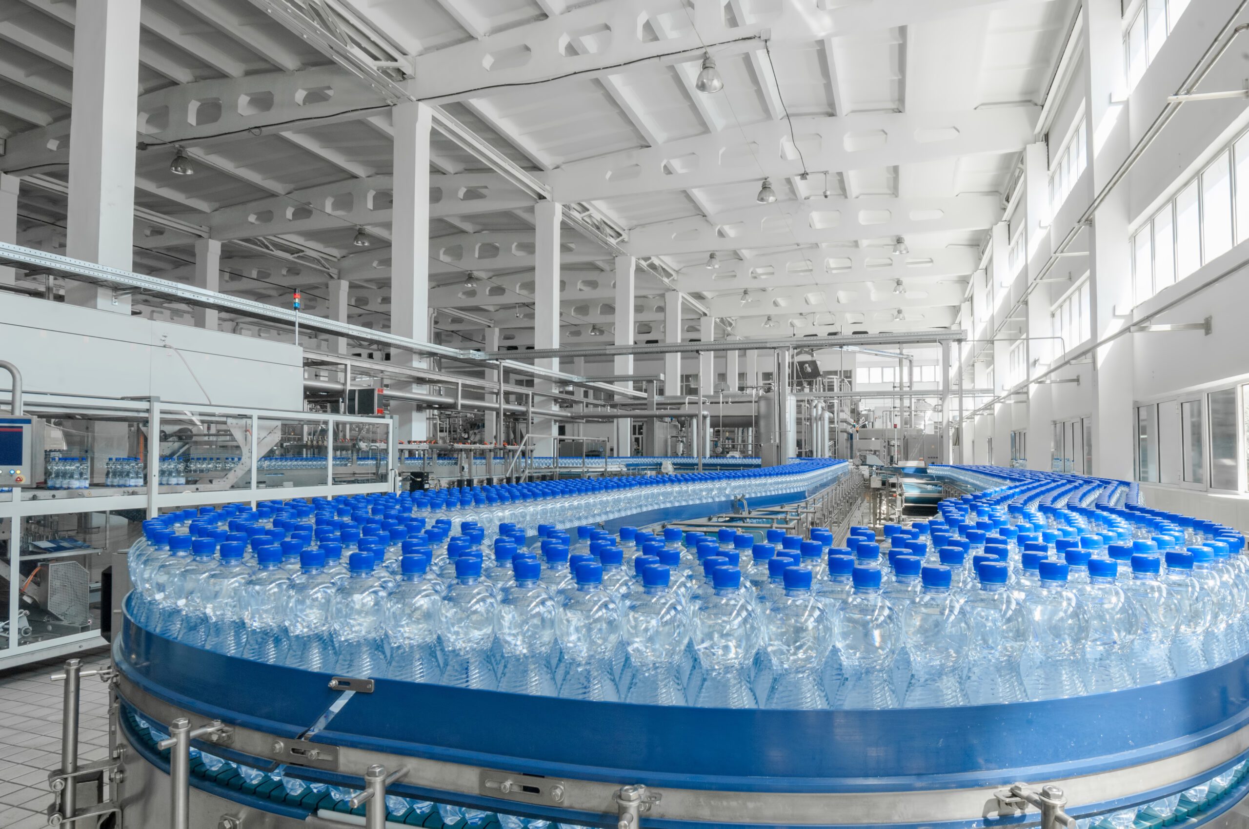 single-use plastic bottles in a production factory